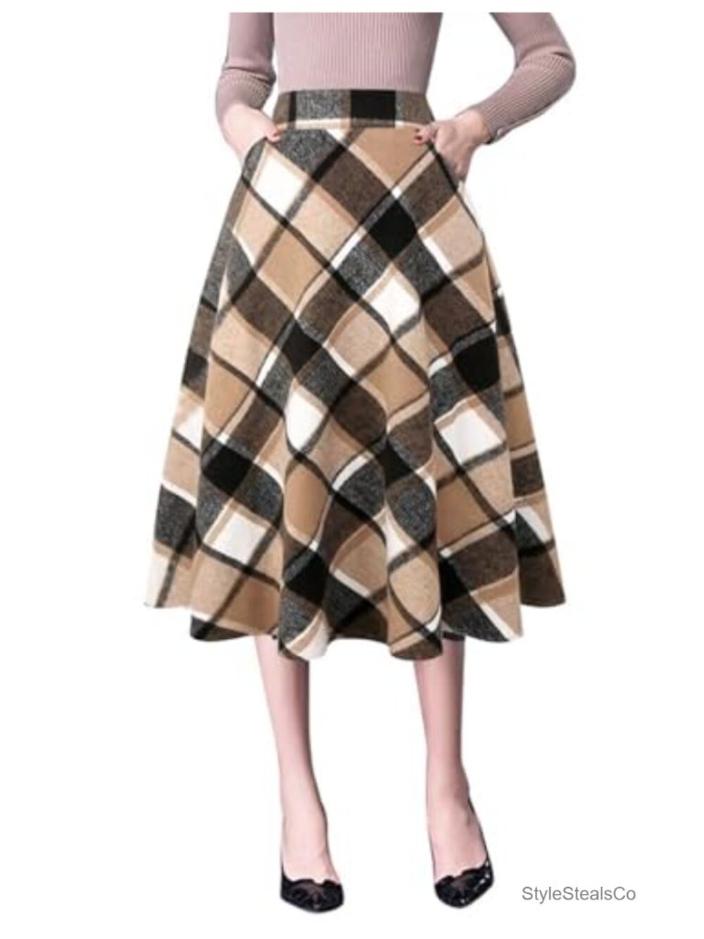 Womens High Waist A-Line Pleated Midi Plaid Skirt Wool Blend